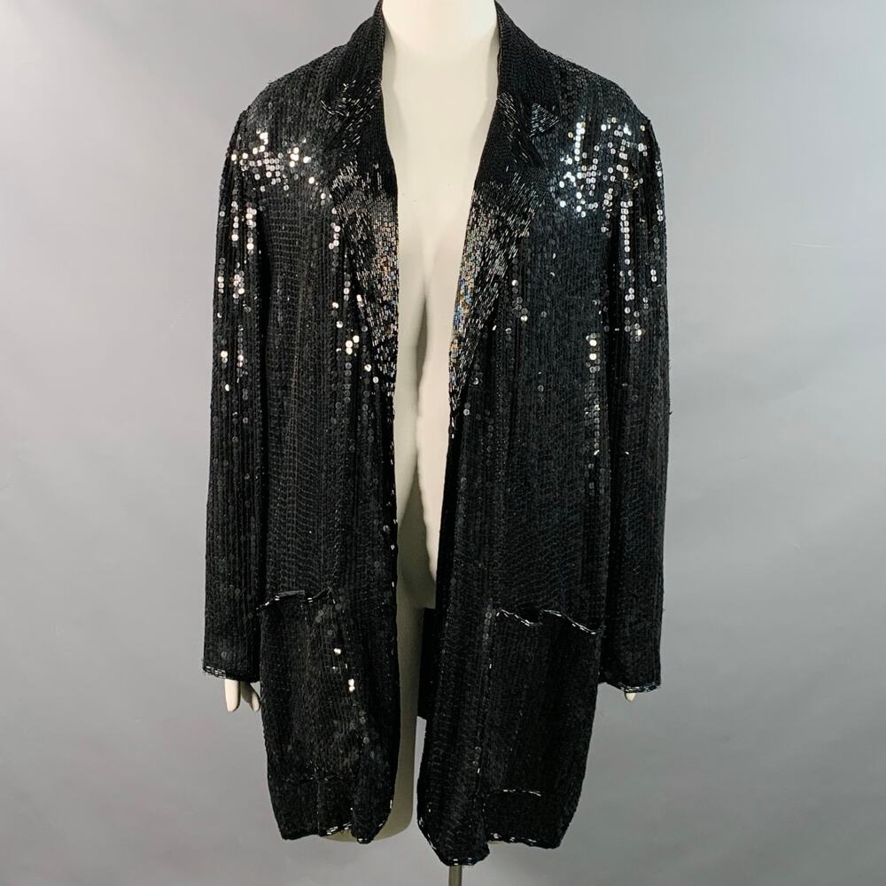Vintage JUDITH ANN CREATIONS Black Silk Beaded Sequined Open Front Jacket Blazer